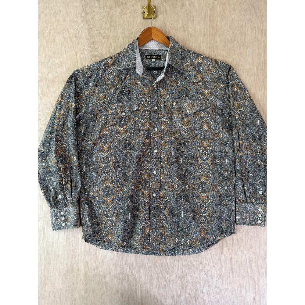 Stetson Western Pearl Snap Long Sleeve Paisley Shirt Mens L Grey Tan Cotton